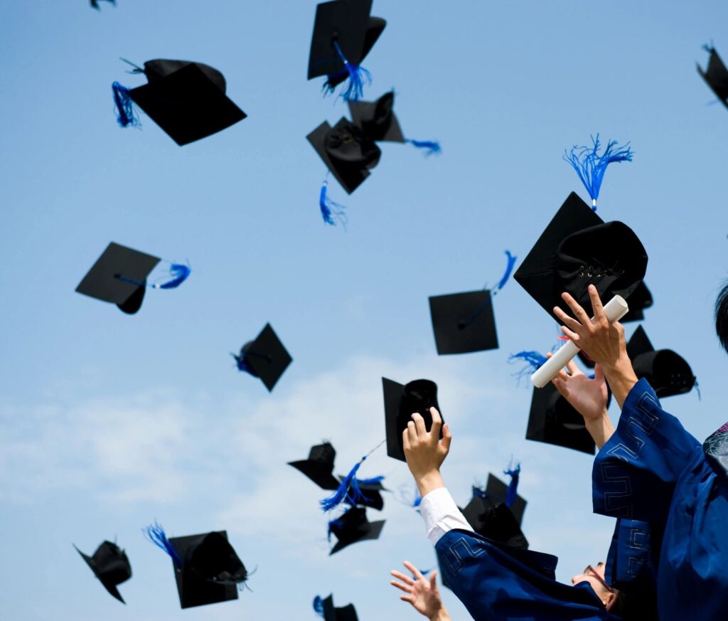 A group of people that are throwing their graduation hats in the air.